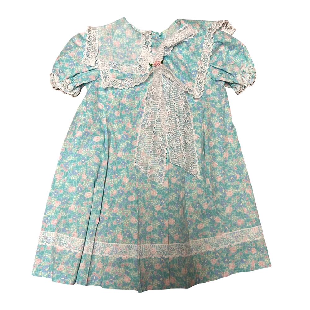 Vintage Girls Blue Pink Floral Lace Dress Size 6 Made in USA Formal Party Dainty